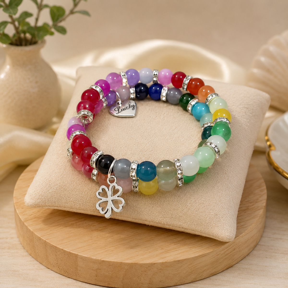 Rainbow Lucky Charm Bracelet Set – Handmade Multicolour Glass Bead Memory Wire