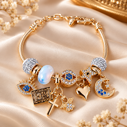 Gold plated blue design charm bracelet.