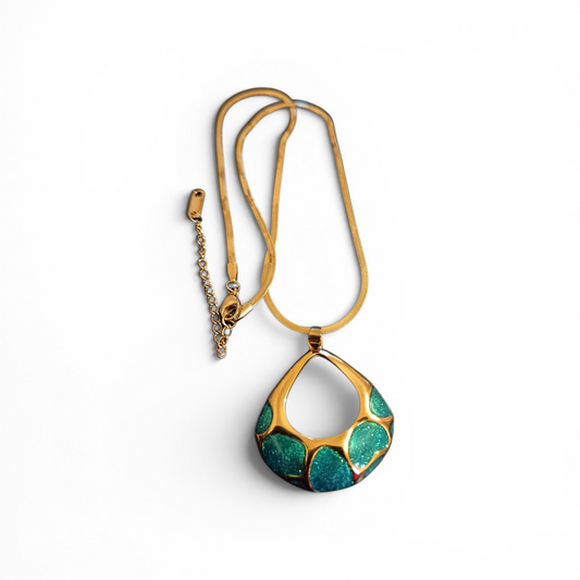 Teal Blue Enamel Gold Pendant Necklace